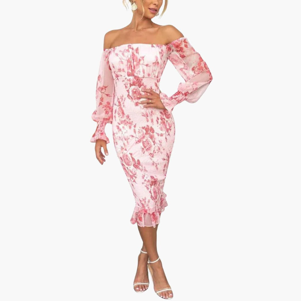 Women's Floral Midi Dress with Off-the-Shoulder Neckline and Sheer Sleeves