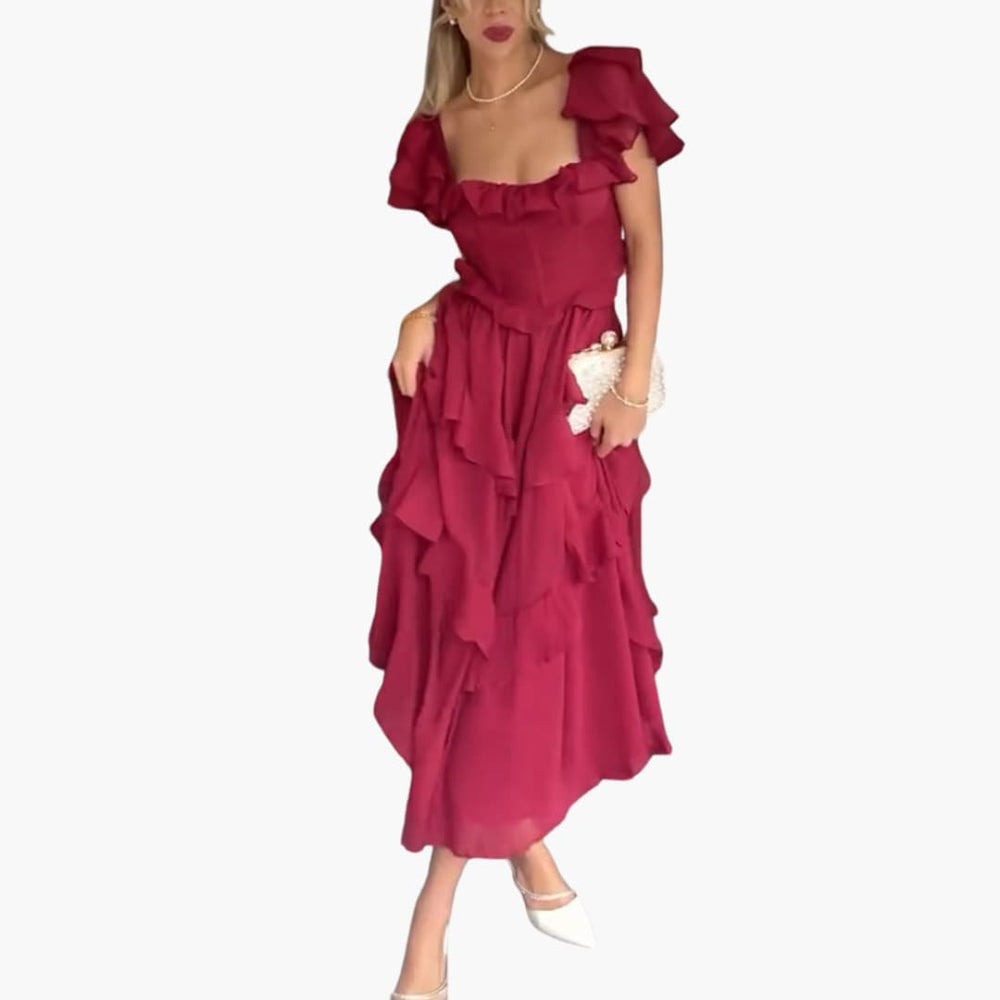 Women’s Midi Dress with Square Neck and Ruffle Sleeves