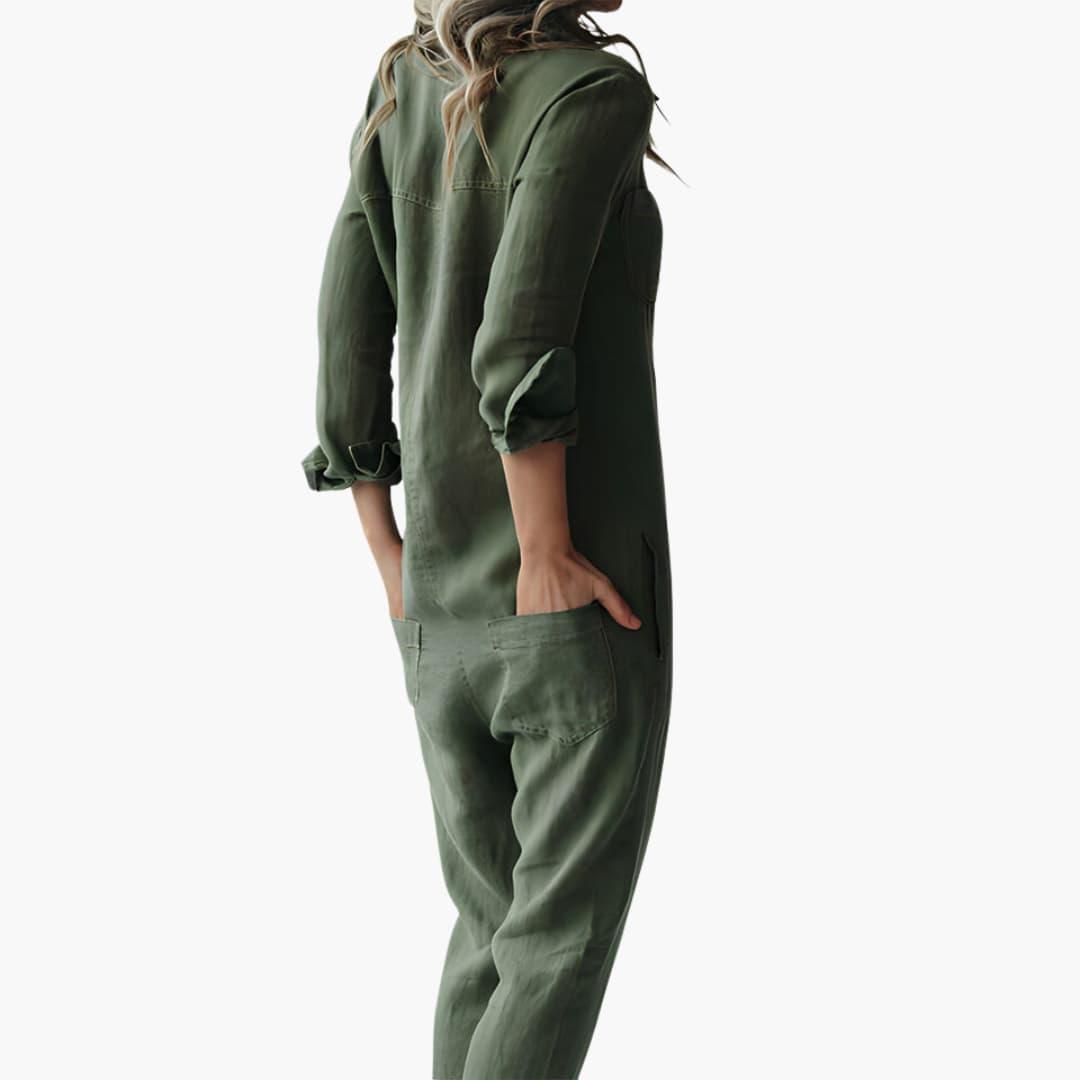 Women's Long Sleeve Jumpsuit with Button-Down Front and Chest Pockets