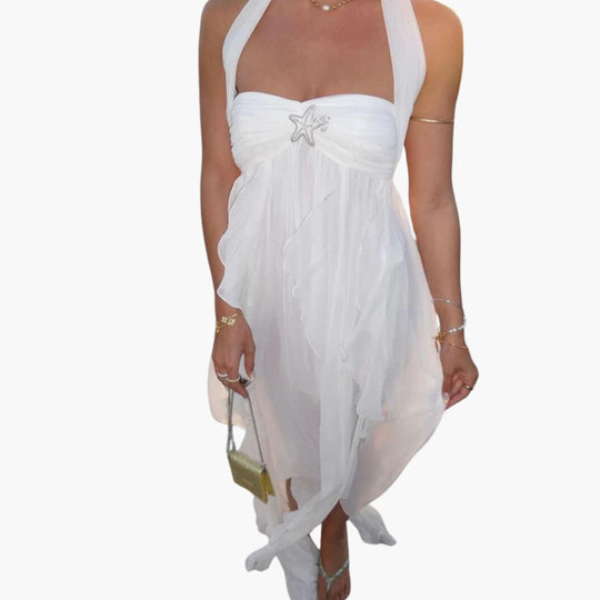 Women's Midi Dress with Halter Neckline and Open Back