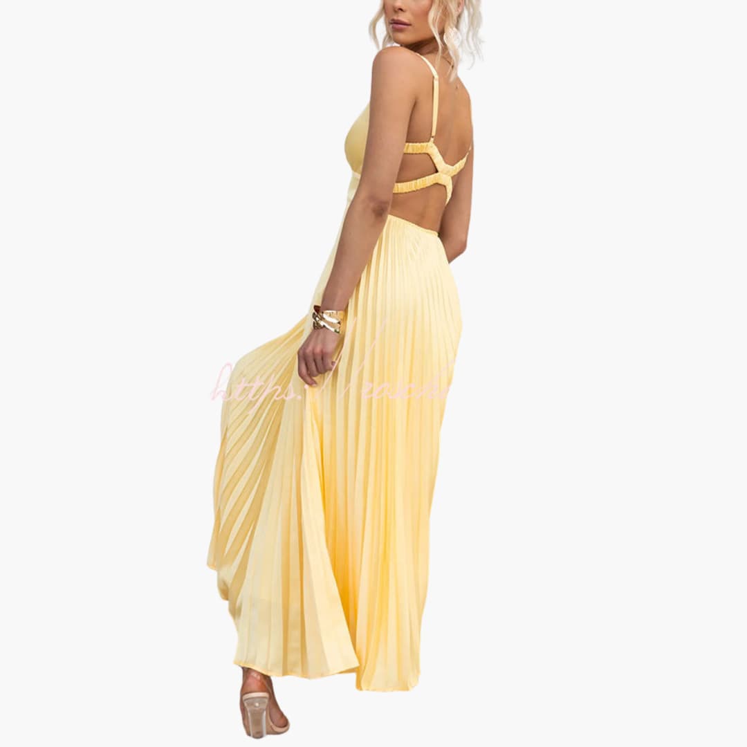 Women’s Midi Dress with Pleated Neckline and Structured Waist