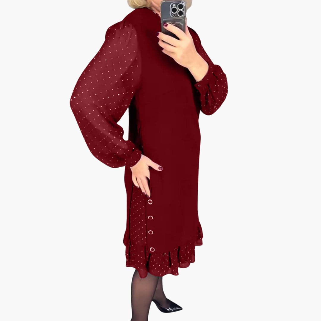 Women's Knee-Length Dress with Sheer Sleeves and Ruffle Hem