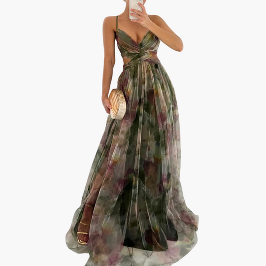 Women’s Maxi Dress with Floral Print and Fitted Waist