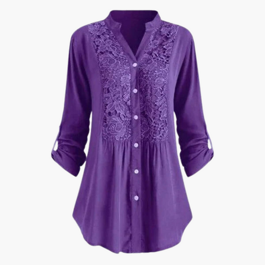 Women’s Long Blouse with Puff Sleeves and Lace Detail