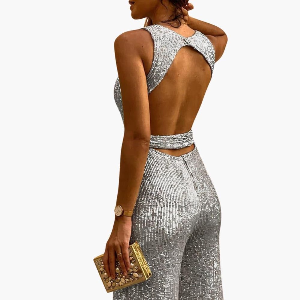 Women's Glitter Jumpsuit with Backless Design and Tie Belt