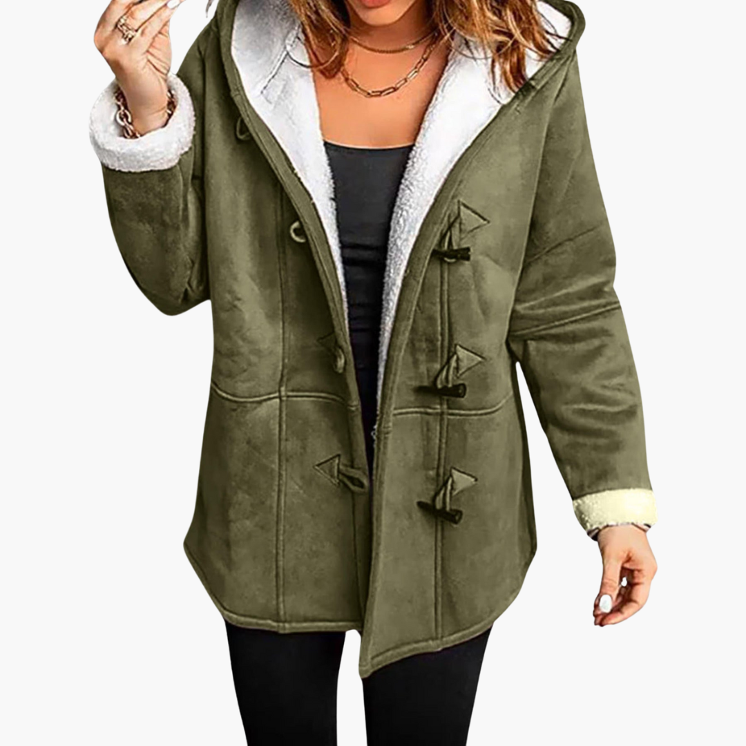 Women’s Hooded Toggle Coat with Fleece-Lined Interior and Front Closure