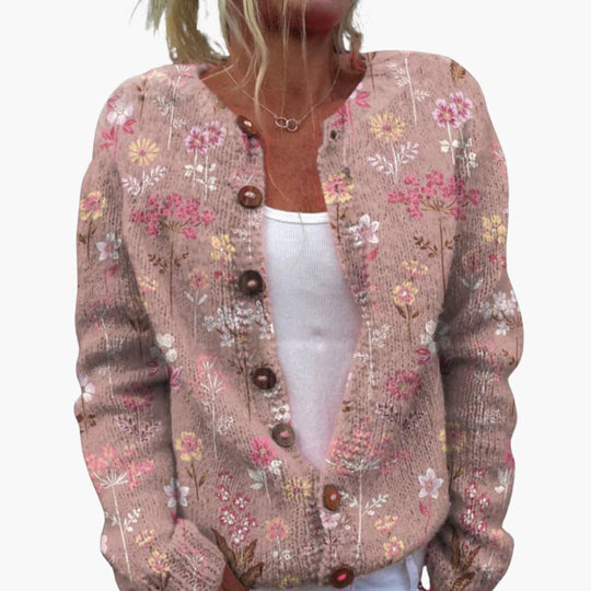 Women’s Floral  Cardigan with Long Sleeves and Ribbed Hem