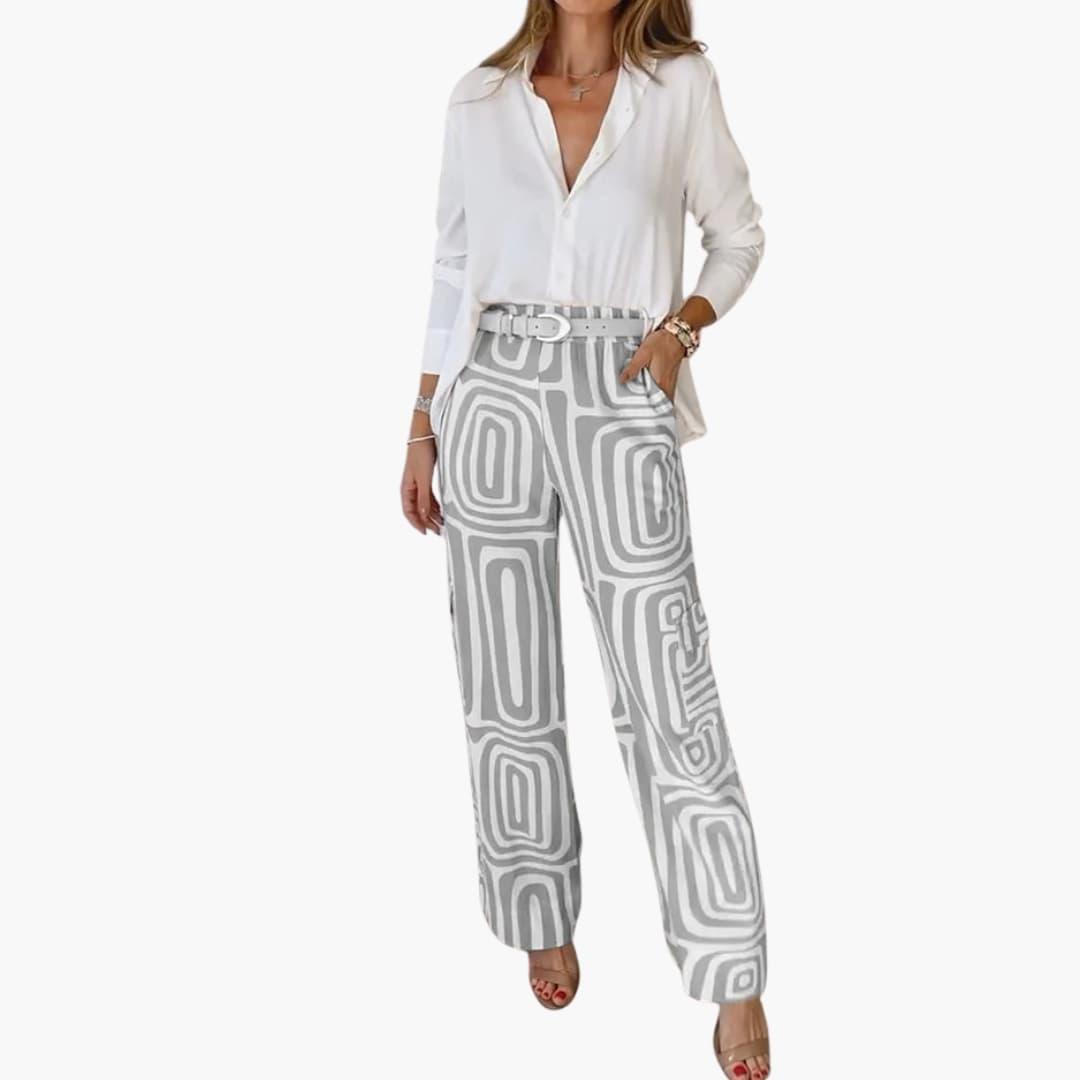 Women's Two-Piece Set with Long-Sleeve Shirt and Printed Wide-Leg Trousers