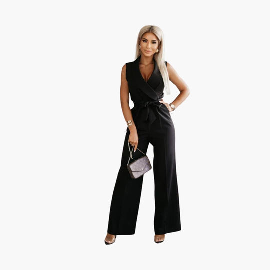 Women's Tailored Jumpsuit with V-Neckline and Wrap-Around Waist Tie
