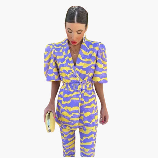 Women's Two-Piece Set with Blazer-Style Top and Printed Trousers