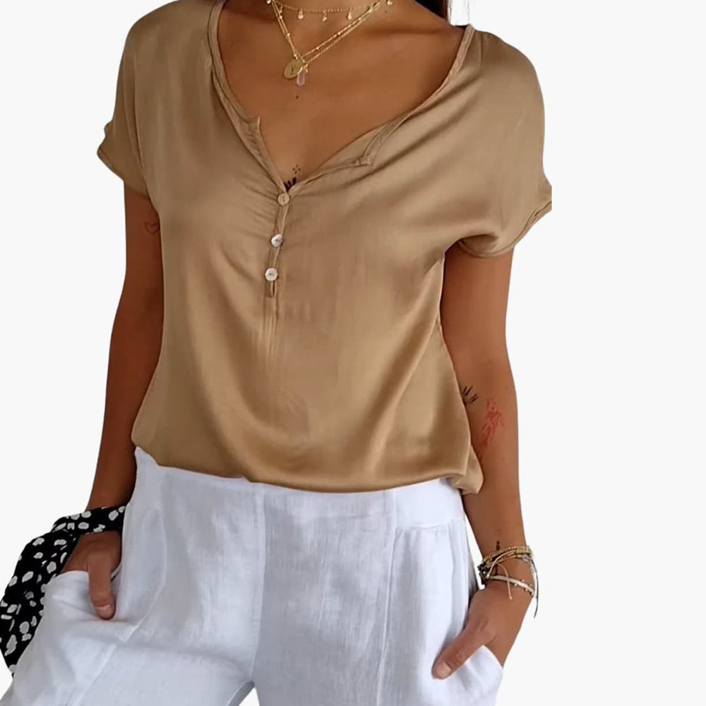 Women’s Short-Sleeve Top with V-Neck and Buttons
