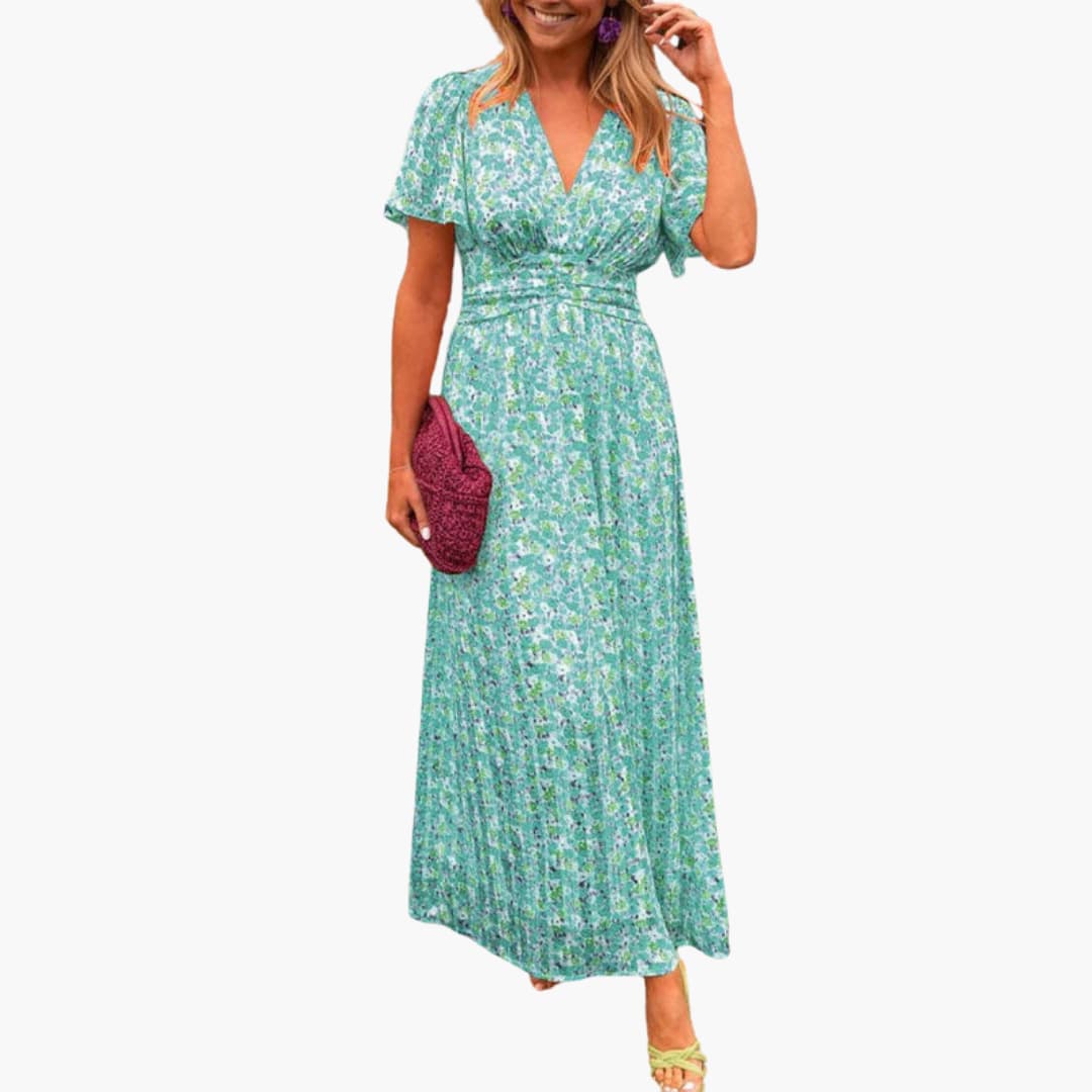 Women's Maxi Dress with Gathered Waist and Floral Print