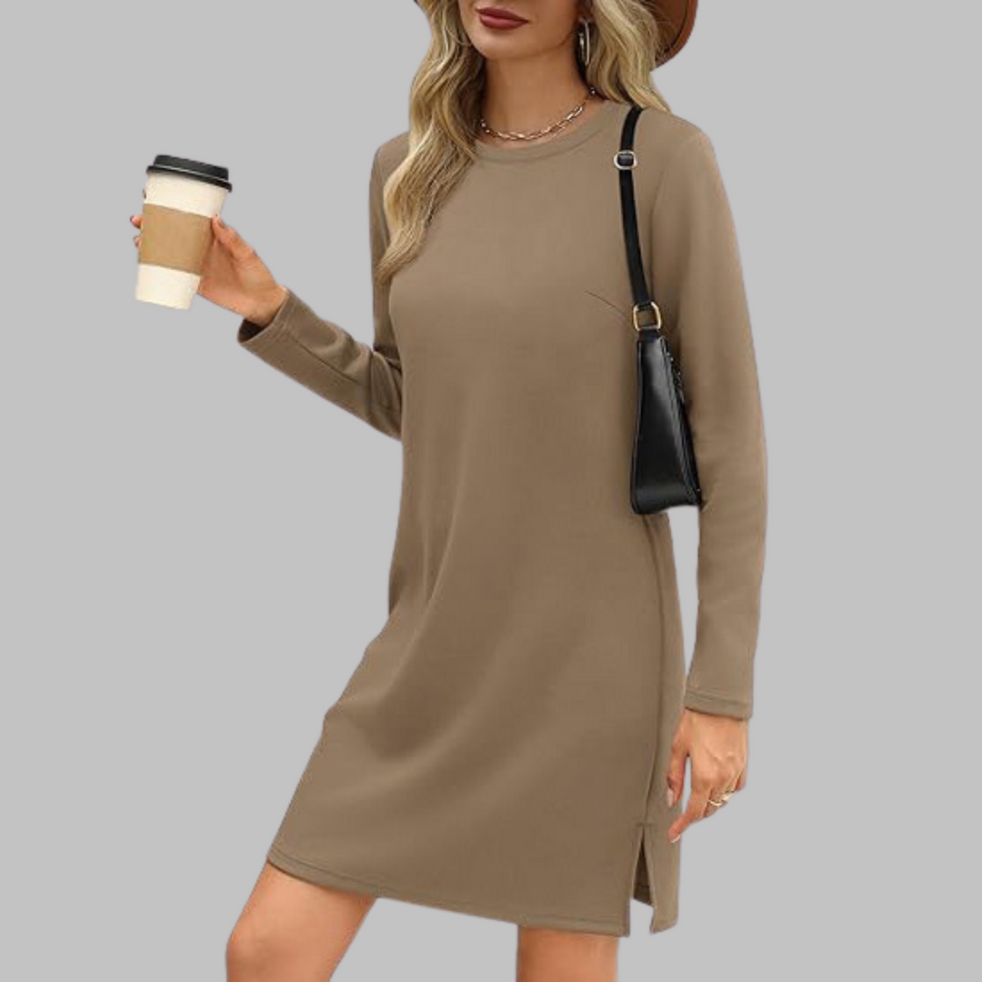 Women's Casual Mini Dress with Long Sleeves and Round Neck