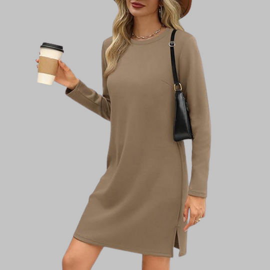 Women's Casual Mini Dress with Long Sleeves and Round Neck