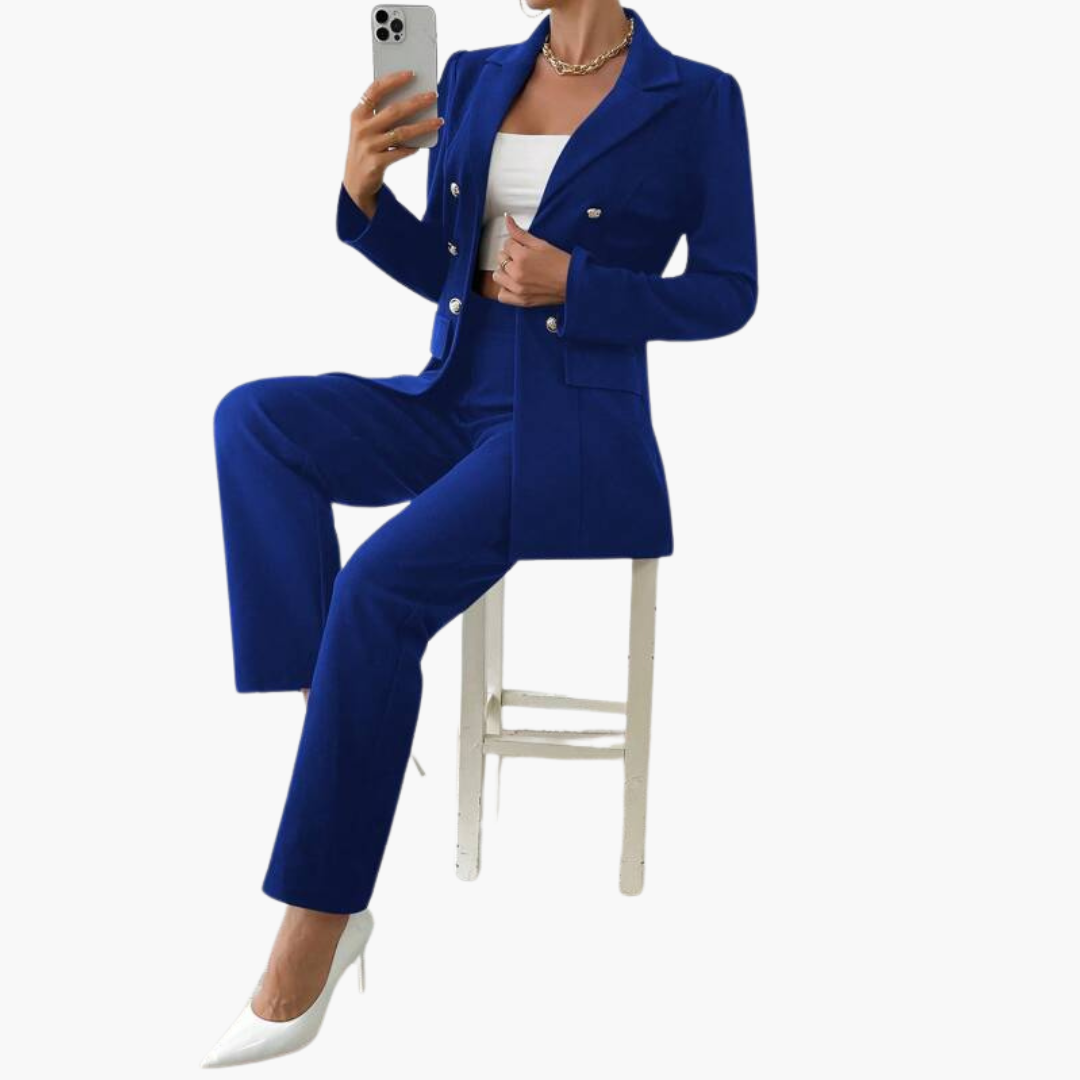 Women's Blazer Set with Notched Lapel and Straight Leg Trousers