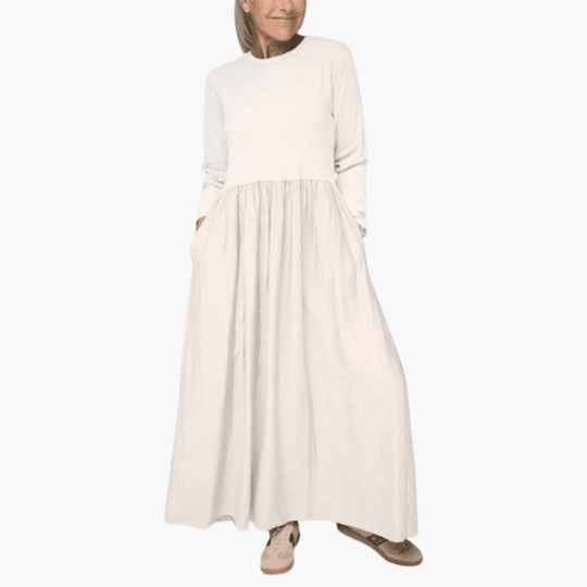 Women's Long Sleeve Midi Dress with Elastic Waist and Pockets