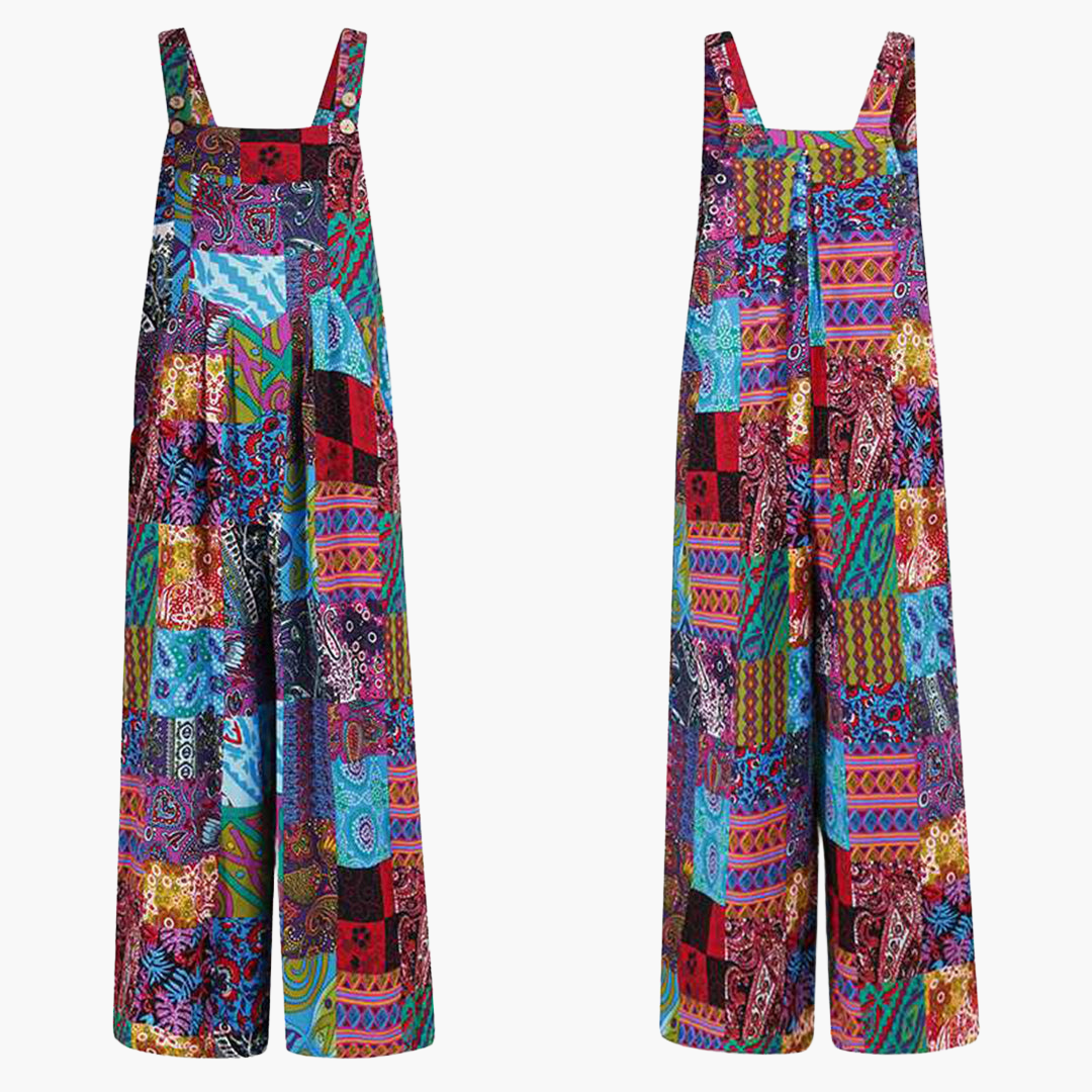 Women’s Patchwork Jumpsuit with Sleeveless Design and Wide-Leg Cut