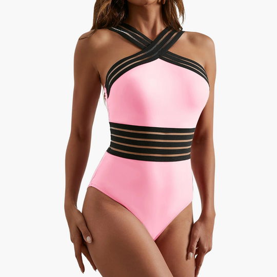Women’s One-Piece Swimsuit with Crisscross Design and Mesh Panels
