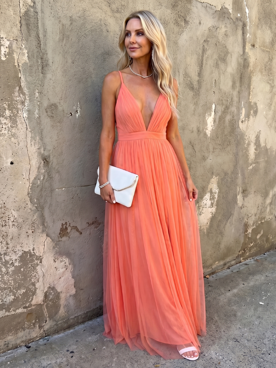 Tia | Deep V Strap Pleated Maxi Dress