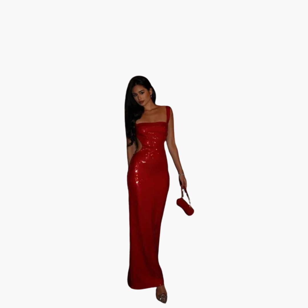 Women’s Evening Gown with Square Neck and Sequin Detailing