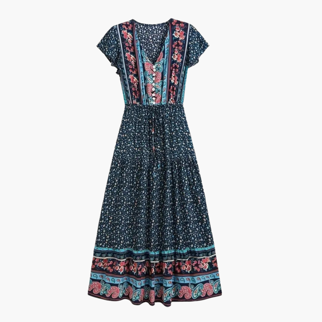 Women's Maxi Dress with V-neckline and Drawstring Waist