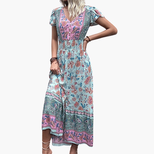 Women’s Midi Dress with V‑Neckline and Elastic Waist