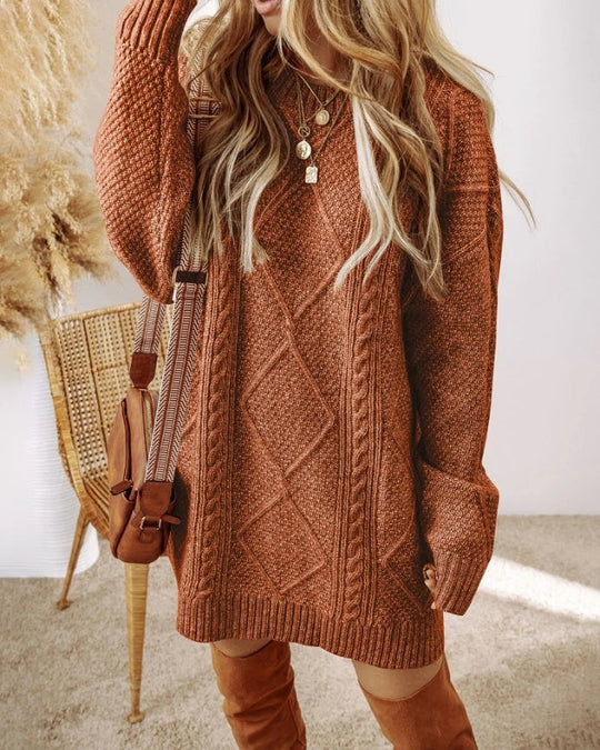 Women's Cable Knit Oversized Jumper Dress with Ribbed Cuffs