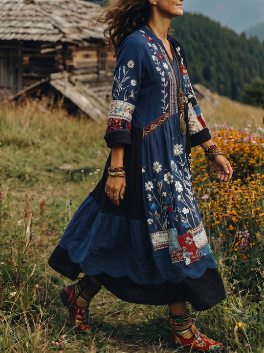 Alix | Embroidered Panel Long Sleeve Midi Dress