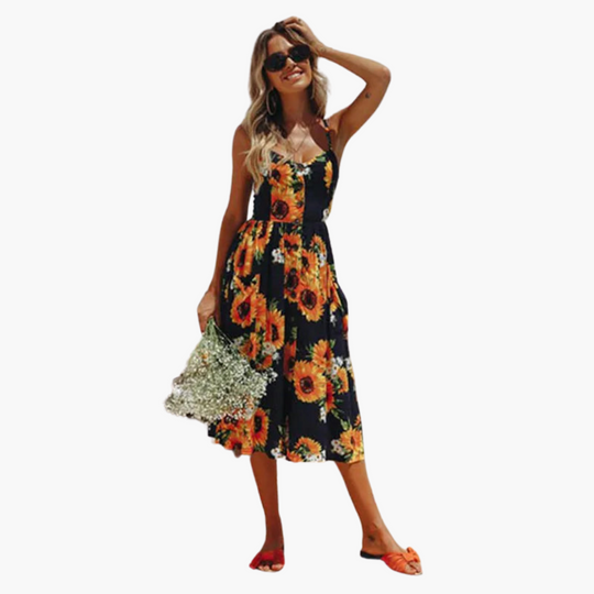 Women's Printed Midi Dress with Short Sleeves