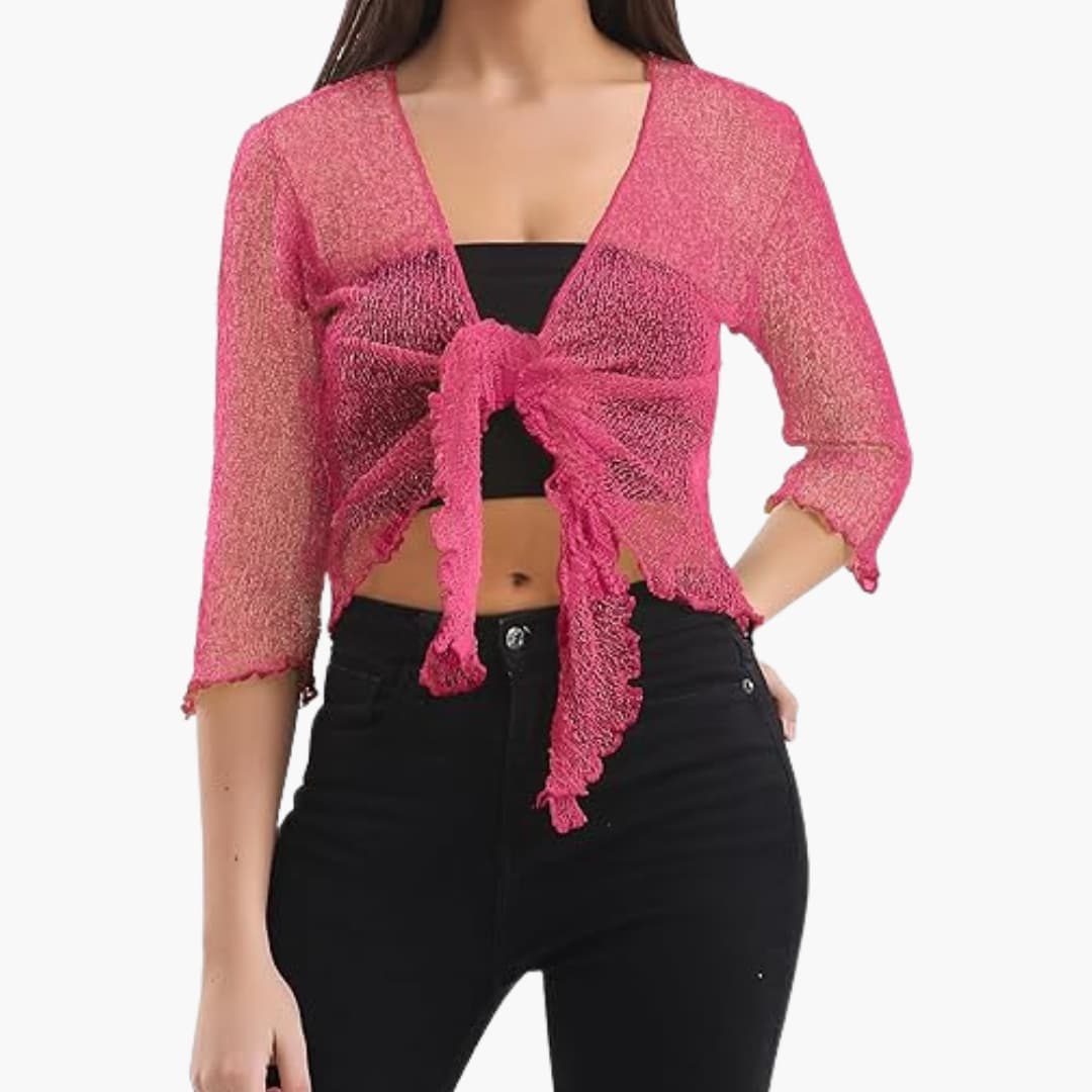 Women's Tie-Up Bolero Top with Sheer Fishnet Knit and Three-Quarter Sleeves