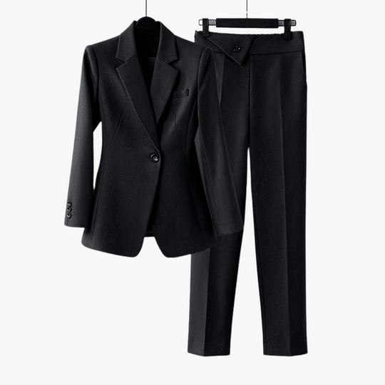 Women's Blazer Set with Single Button and Straight Leg Trousers