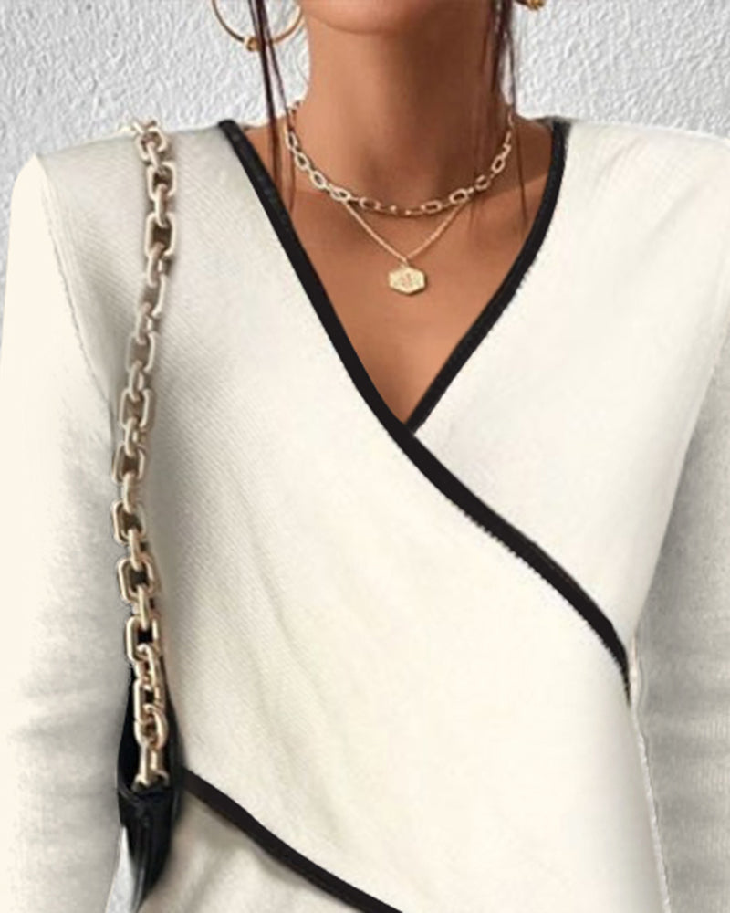 Women's Wrap Knit Top with V-Neck and Contrasting Trim