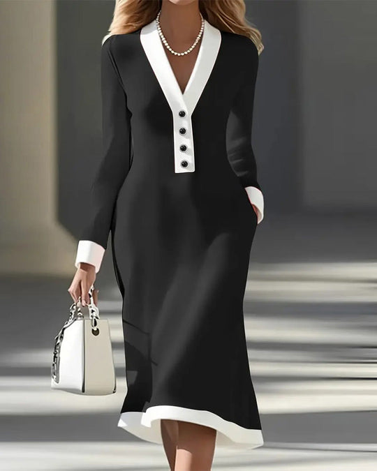 Women's Long-Sleeve Dress with V-Neck and Button Details
