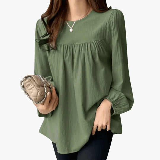Women's Long Sleeve Blouse with Gathered Waistline and Flowy Fit