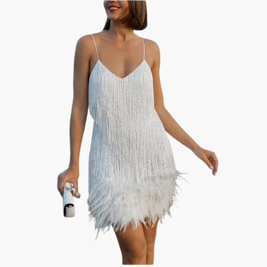 Women’s mini dress with spaghetti straps and fringe detailing