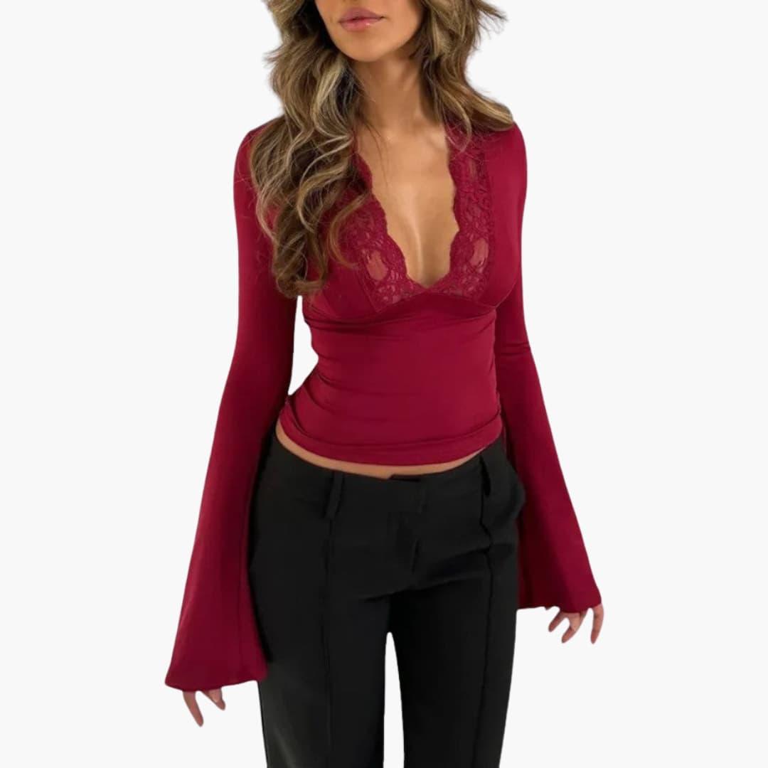 Women's Lace Flare Top with V-Neckline and Semi-Cropped Hem