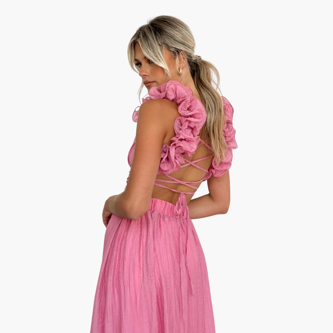 Women's Summer Dress with Ruffle Shoulders and Tie-Back