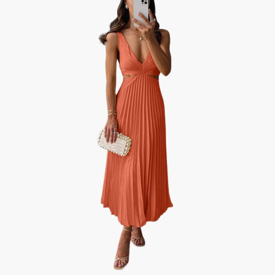 Women’s Midi Dress with Pleated Neckline and Structured Waist