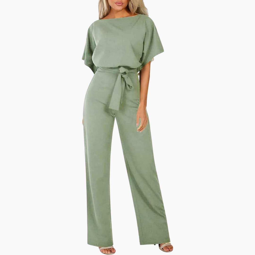 Women's Wide-Leg Jumpsuit with Belted Waist and Scoop Neckline