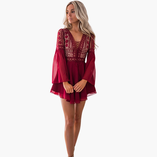 Women’s Mini Dress with Lace‑Up and Bell Sleeves