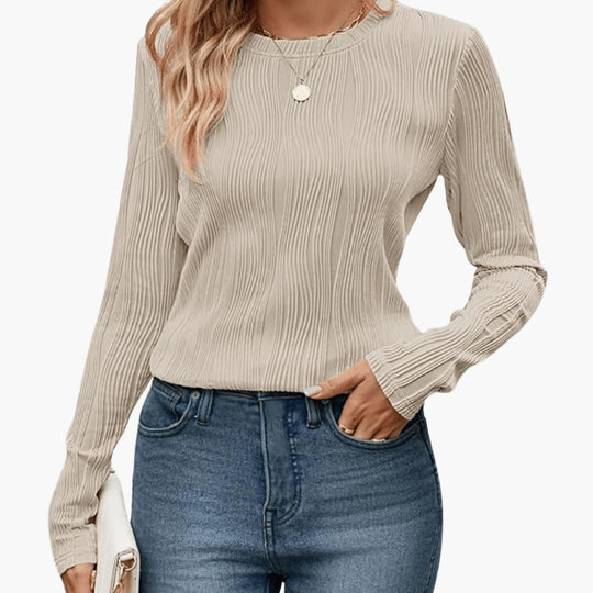 Women's Ribbed Long Sleeve Top with Round Neckline and Fitted Fit