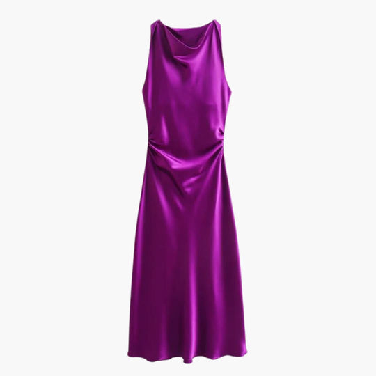 Women’s Satin Cowl Neck Midi Dress with Ruched Waist
