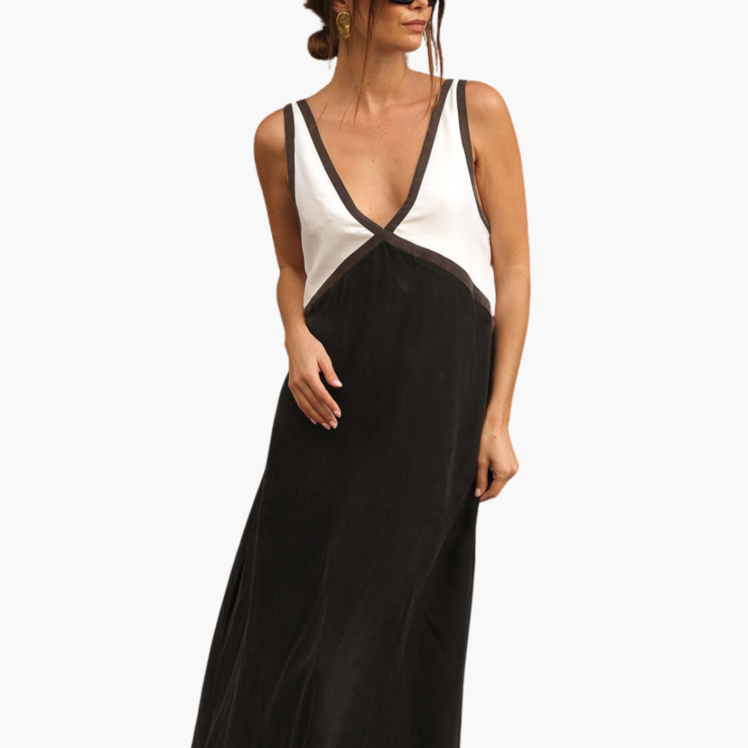 Women’s Maxi Dress with V-Neck and Colour-Block Design