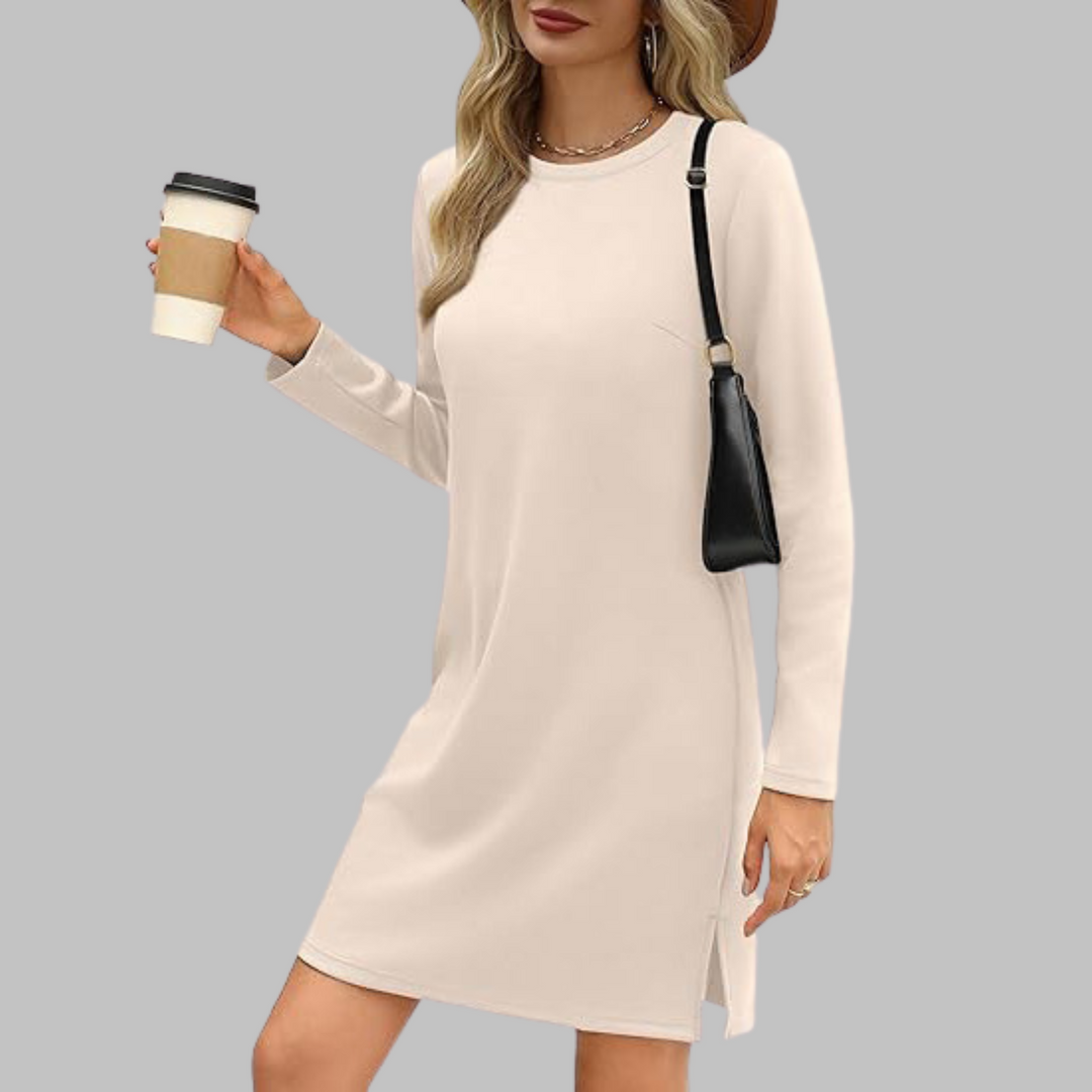 Women's Casual Mini Dress with Long Sleeves and Round Neck