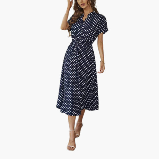 Women’s Midi Dress with Button-Through Front and Drawstring Waist