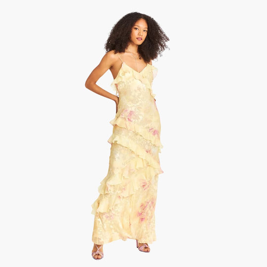 Women’s Maxi Dress with Open Back and Ruffle Panels