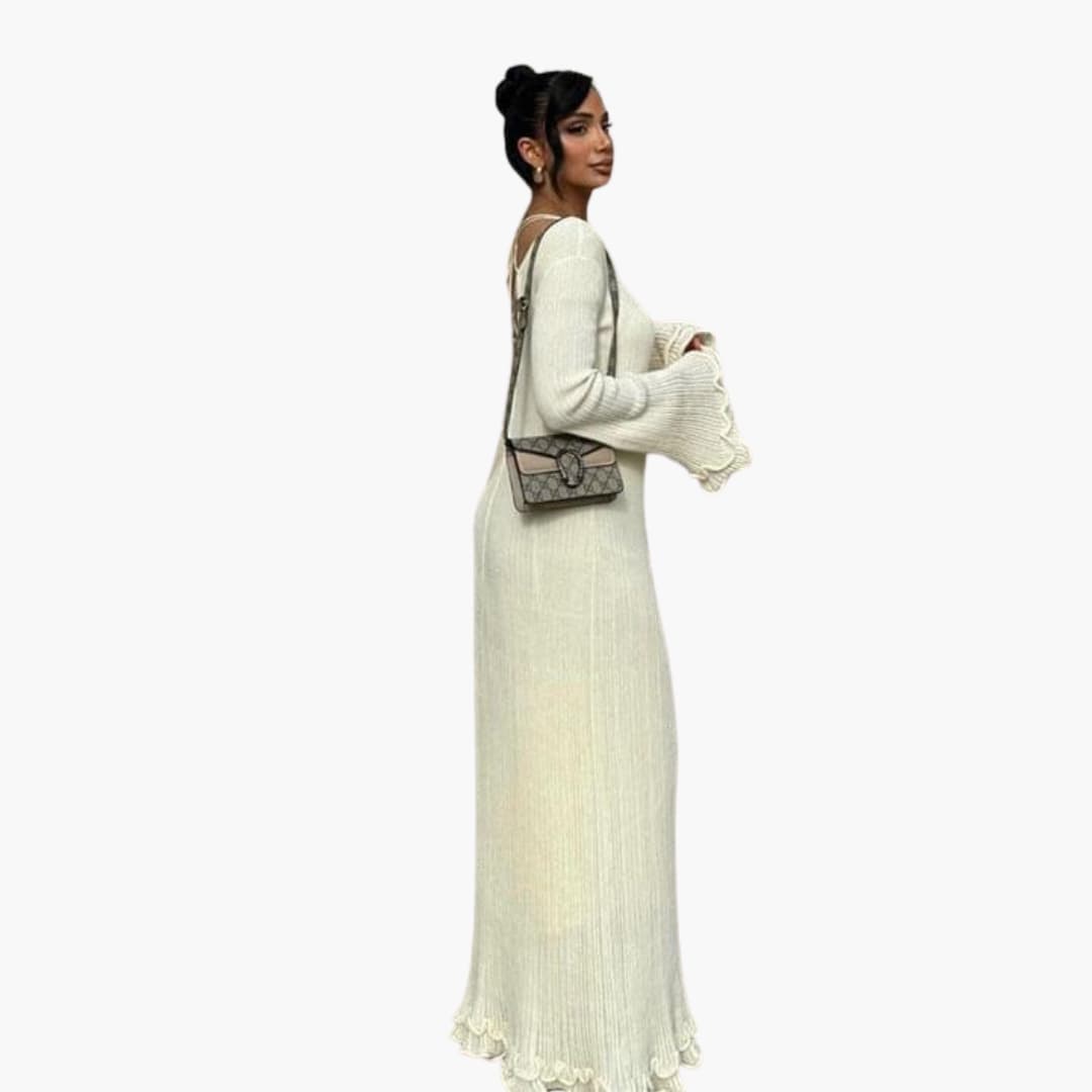Women’s Knit Maxi Dress with Open Back and Trumpet Sleeves