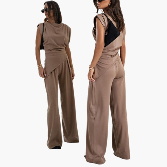 Women’s Two-Piece Set with Draped Top and Wide-Leg Trousers