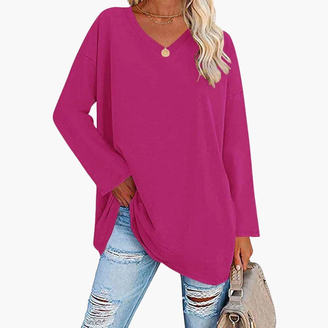 Women's V-Neck Blouse with Long Sleeves and Relaxed Fit