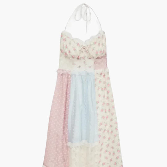 Women’s Patchwork Maxi Dress with Lace-Up Detail